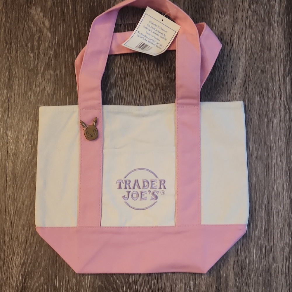 Pink and White Trader Joe's Tote Bag With Bunny Pin